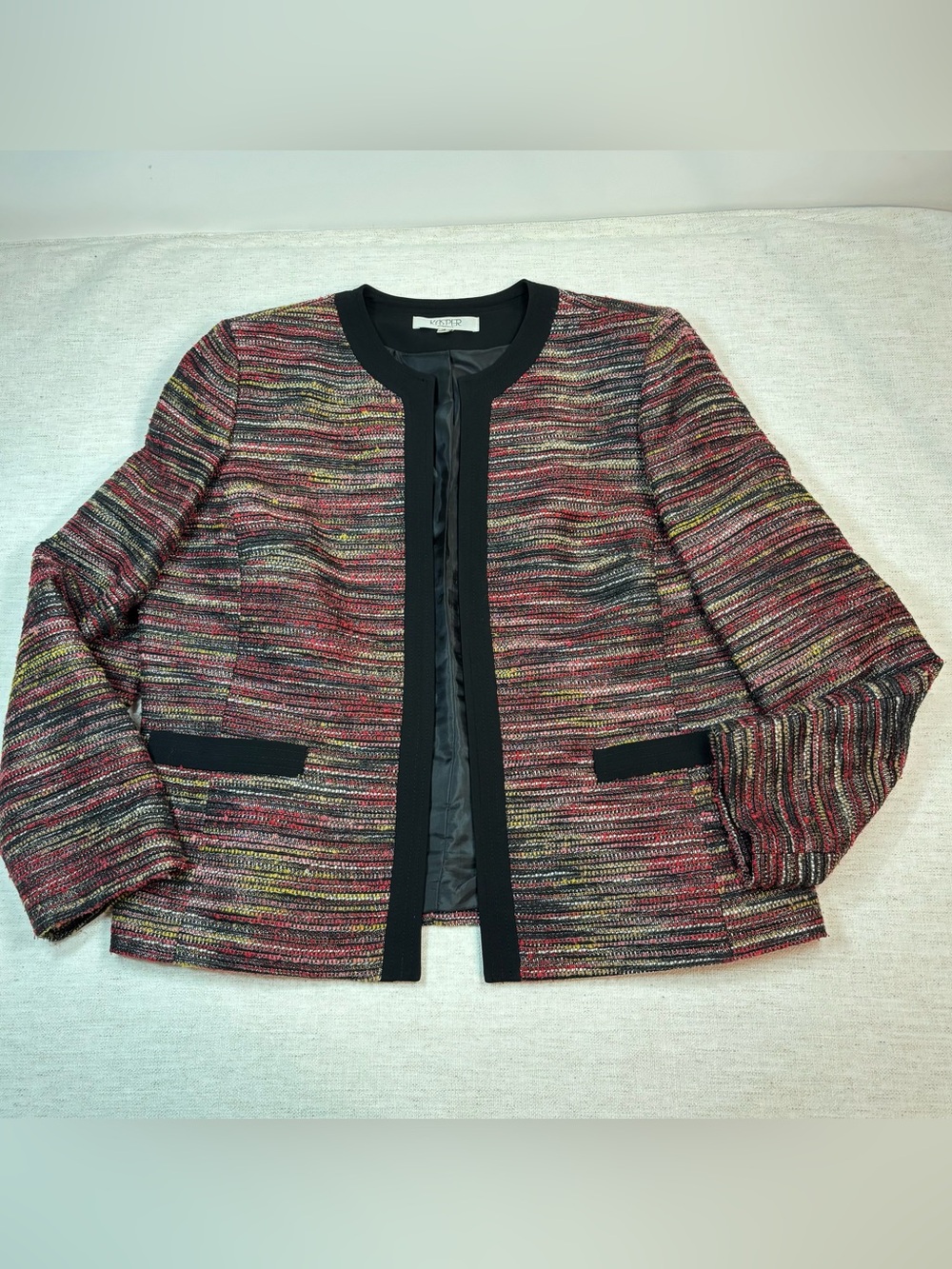 Kasper women’s size 16 Multicolor Tweed Collarless Jacket Black Trim open front